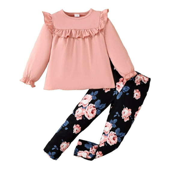 5T Baby Girls Clothes 5T Girls Pant Set Toddler Girls Ruffle Long Sleeve Solid Color Top Floral Pants 2PCS Set Pink