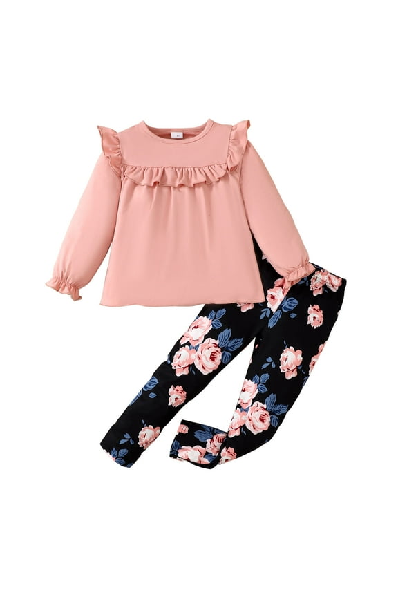 5T Baby Girls Clothes 5T Girls Pant Set Toddler Girls Ruffle Long Sleeve Solid Color Top Floral Pants 2PCS Set Pink