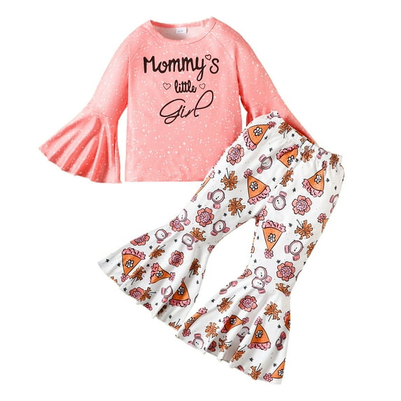 5T Baby Girls Clothes 6 Years Girls 2PCS Outfits Set Letter Print Round Neck Little Girls Long Sleeve Top Bell-bottomed Pants Set Pink