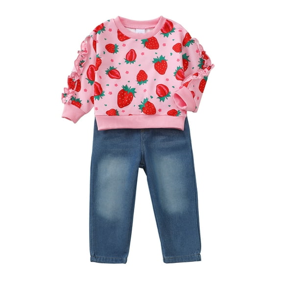 5T Baby Girls Clothes 6Y Girls 2PCS Denim Outfits Set Strawberry Print Little Girls Long Sleeve Top Denim Pants Set Red