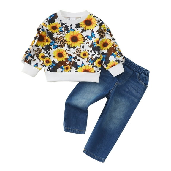 5T Baby Girls Clothes 6Y Girls 2PCS Denim Outfits Set Sunflower Print Little Girls Long Sleeve Top Denim Pants Set Yellow