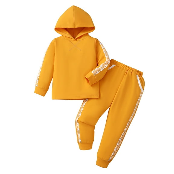 5T Baby Girls Clothes 6Y Girls 2PCS Hoodie Outfits Set Solid Color Little Girls Long Sleeve Hoodie Top Pants Set Yellow