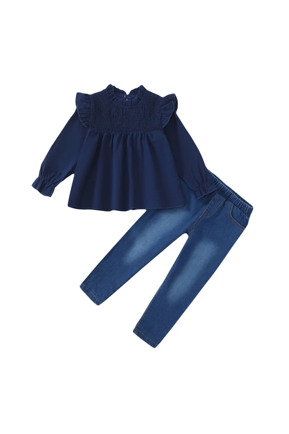 5T Baby Girls Clothes 6Y Girls Denim Pant Set Outfits Set Little Girls Long Sleeve Solid Color Jeans Pants 2PCS Set Blue