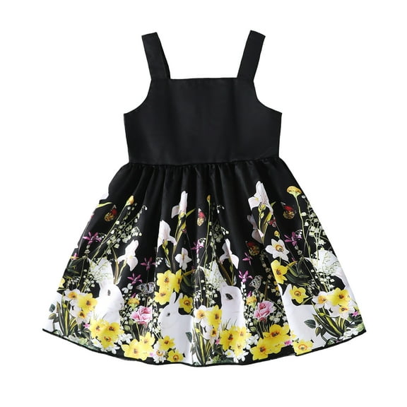 5T Baby Girls Dress 6 Years Girls Sleeveless Dress Flower Print Off-the-shoulder Little Girls Summer Suspender Dress Floral Dress Black