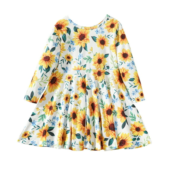 5T Baby Girls Dress Little Girls Long Sleeve Dress 6Y Girls Sunflower Print Floral Dress Yellow