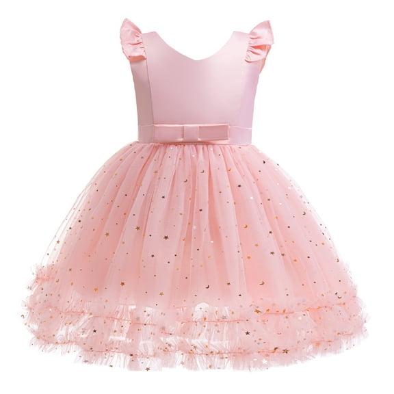 5T Baby Girls Dress Little Girls Princess Dress Tulle Party Dress 6Y Girls Sleeveless Stars Sequins Solid Color Dress Pink