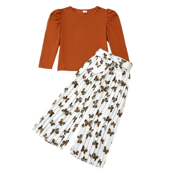 5T Baby Girls Outfits 6T Girls Pant Sets Little Girls Long Sleeve Solid Color Top Butterfly Print Pants 2PCS Set Brown