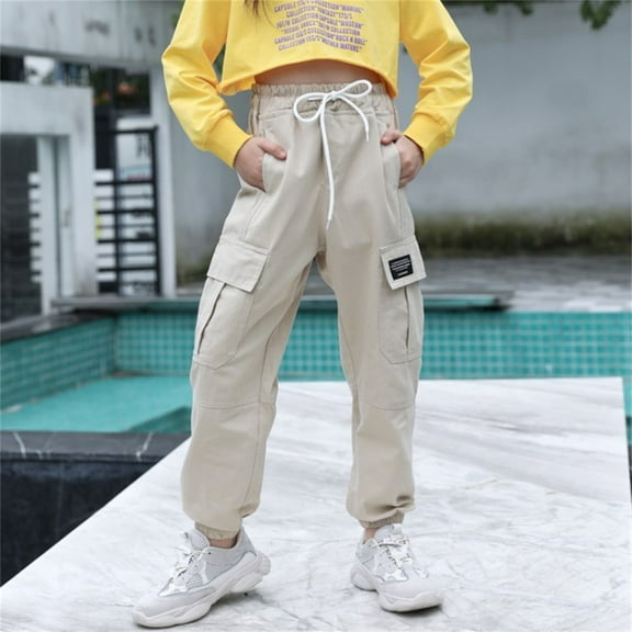 5T Boys Pants Teen Girls Clothing Girls Cargo Pants Elastic Waist Casual Jogger Pants for Girls Streetwear Loose Parachute with Pockets Beige 3-4 Years