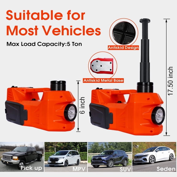 5T Electric Car Jack Kit 12V 4-in-1 Floor Jack with Impact Wrench for SUV MPV Sedan Tire Change, Orange Plastic Case