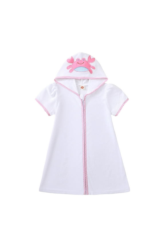 5T Girls Swimsuit Sun Protection Summer Girls Terry Beach Quick Dry Cover Up with Pockets Tiered Ruffle Hem Smocked Bathrobe Hooded 3-14 Years
