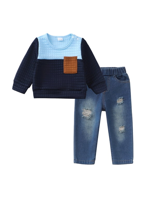 5T Kids Boys Clothes 6 Years Boys Fall Winter Pant Set Little Boys Long Sleeve Round Neckline Top Jeans Pants 2PCS Outfits Set Blue