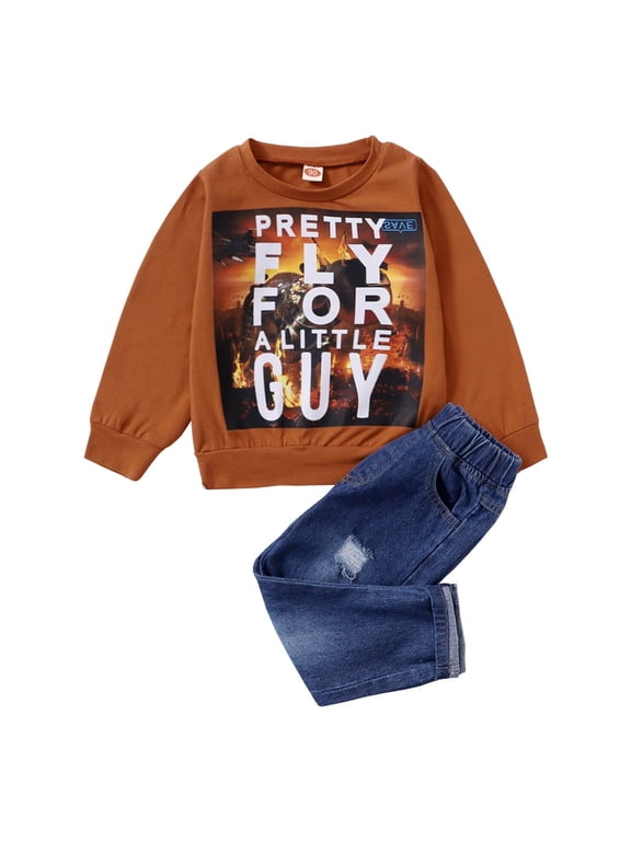 5T Kids Boys Clothes Little Boys 2PCS Outfits 5-6 Years Boys Letter Print Long Sleeve Round Neckline Top Jeans Pants Set Brown