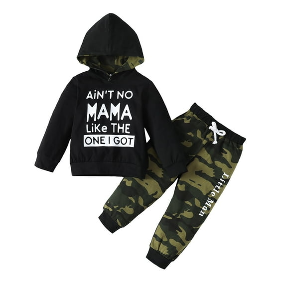 5T Kids Boys Clothes Little Boys Outfits 5-6 Years Little Boys Long Sleeve Letter Print Hooded Top Camouflage Pants 2PCS Set Black