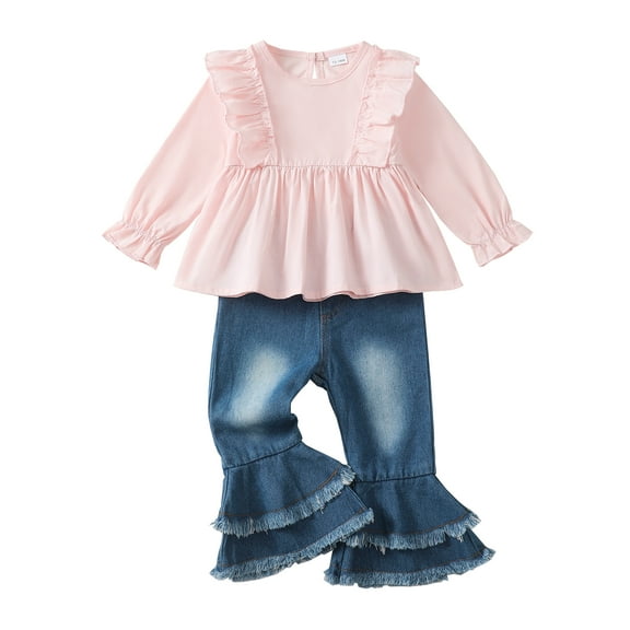 5T Kids Girls Clothes 6 Years Girls Fall Winter Pant Set Little Girls Ruffle Long Sleeve Round Neckline Solid Color Top Jeans Pants 2PCS Outfits Set Pink