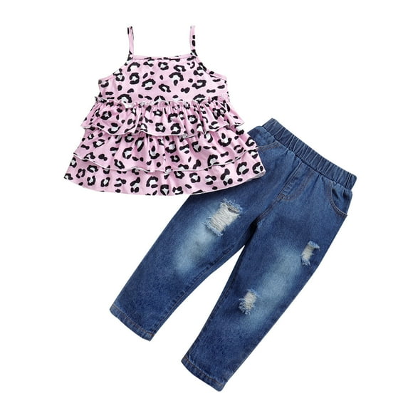 5T Kids Girls Clothes Little Girls 2PCS Outfits 5-6 Years Girls Sleeveless Leopard Suspender Top Jeans Pants Set Pink