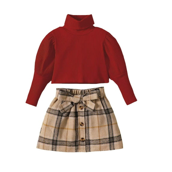 5T Kids Girls Clothes Little Girls Outfits 5-6 Years Little Girls Long Sleeve Highneck Sweater Top Plaid Skirt 2PCS Set Red