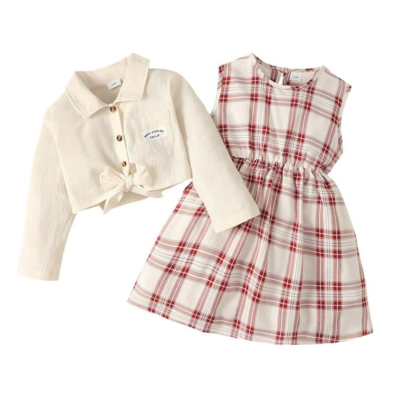 5T Kids Girls Clothes Little Girls Outfits 5-6 Years Little Girls Long Sleeve Lapel Top Plaid Sleeveless Dress 2PCS Set Off-white