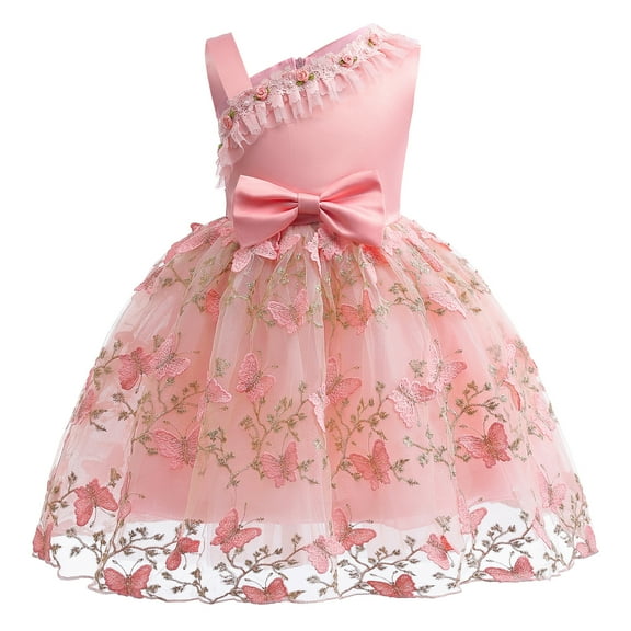 5T Kids Girls Clothes Little Girls Party Dress Princess Dress 5-6 Years Little Girls Sleeveless One-shoulder Floral Tulle Dress Pink