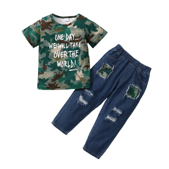 5T Little Boys Clothes 6 Years Little Boys 2PCS Outfits Letter Print Little Boys Short Sleeve Camouflage Top Jeans Pants Set Green