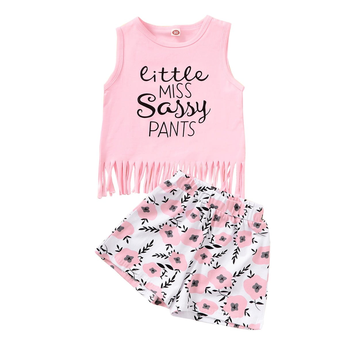 5T Little Girl Clothes Little Girls Outfits 5-6 Years Little Girls Letter Print Sleeveless Tassel Top Floral Shorts Set Pink