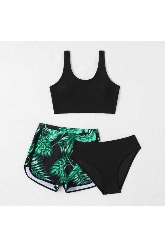 5T Swimsuit Girls Two Piece Girls 3 Piece Bathing Suit Summer UPF 50+ Racerback Swimsuit with Shorts Beach Tankini Sets 8-15 Years