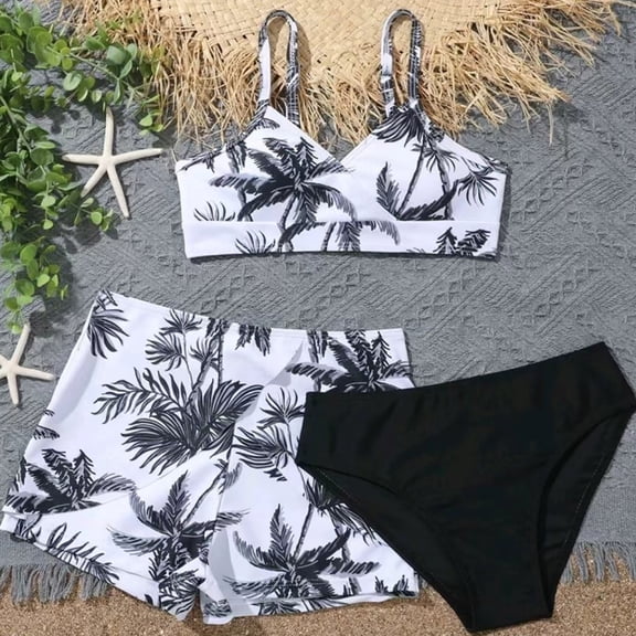 5T Swimsuit Girls Two Piece Girls Swimsuit Kids Girls 3 Piece Swimsuits Leaf Print Bathing Suit Solid Bikini Tops Underpants Print Skirt Swimwear Set Bikinis for Teen Girls