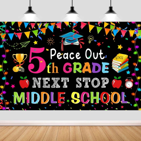 5TH Grade Graduation Backdrop,Peace Out 5TH Grade Next Stop Middle School Banner,Colorful Elementary School Classroom Graduation Party Supplies Photo Booth,7x5FT