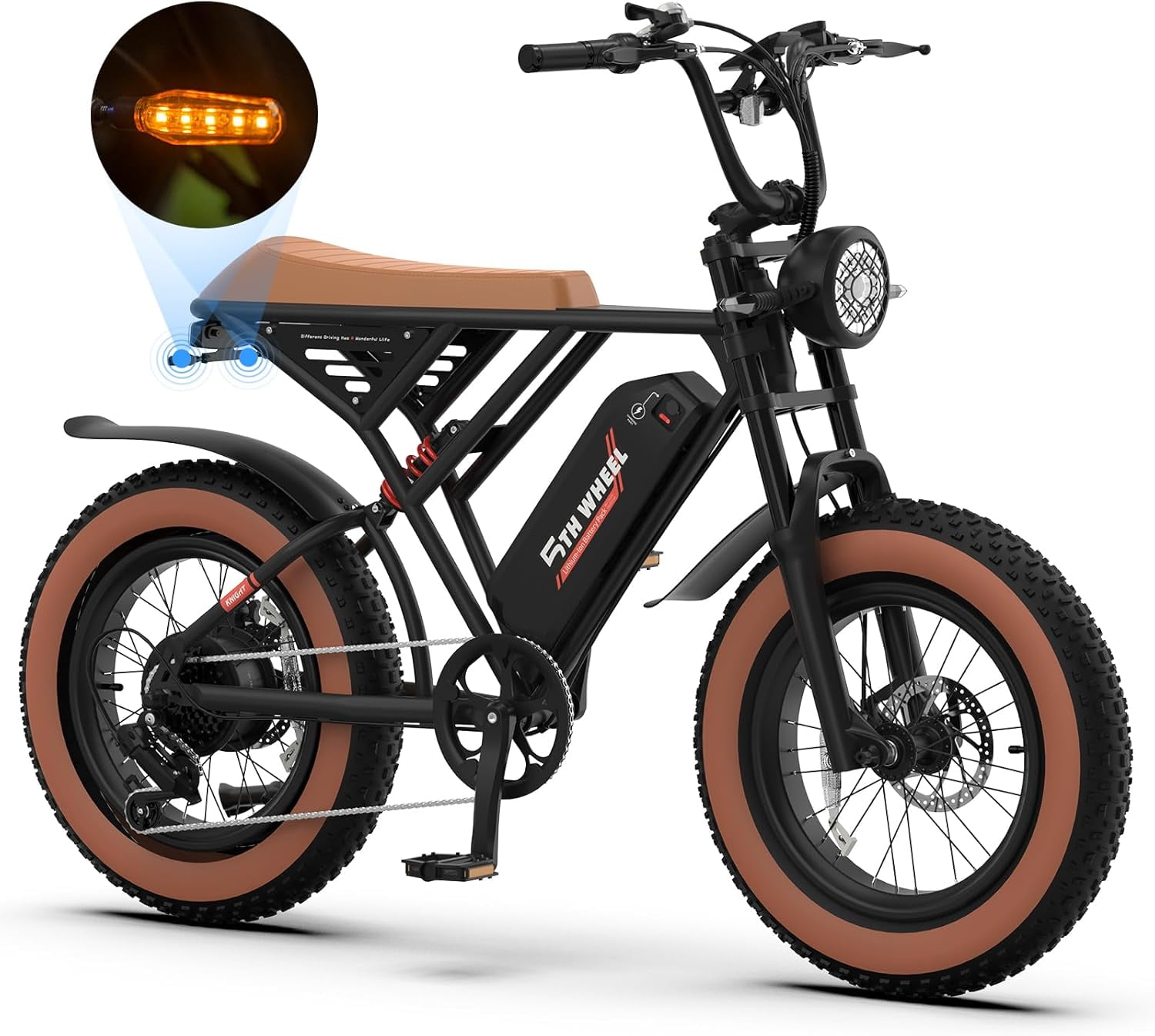 5TH WHEEL Electric Bike for Adults, Peak 1500W Motor 748.8WH Removable Battery, 28MPH Top Speed Max 65 Miles Range Fat Tire Electric Bicycle Full Suspension Retro Motorcycle-Style Ebike