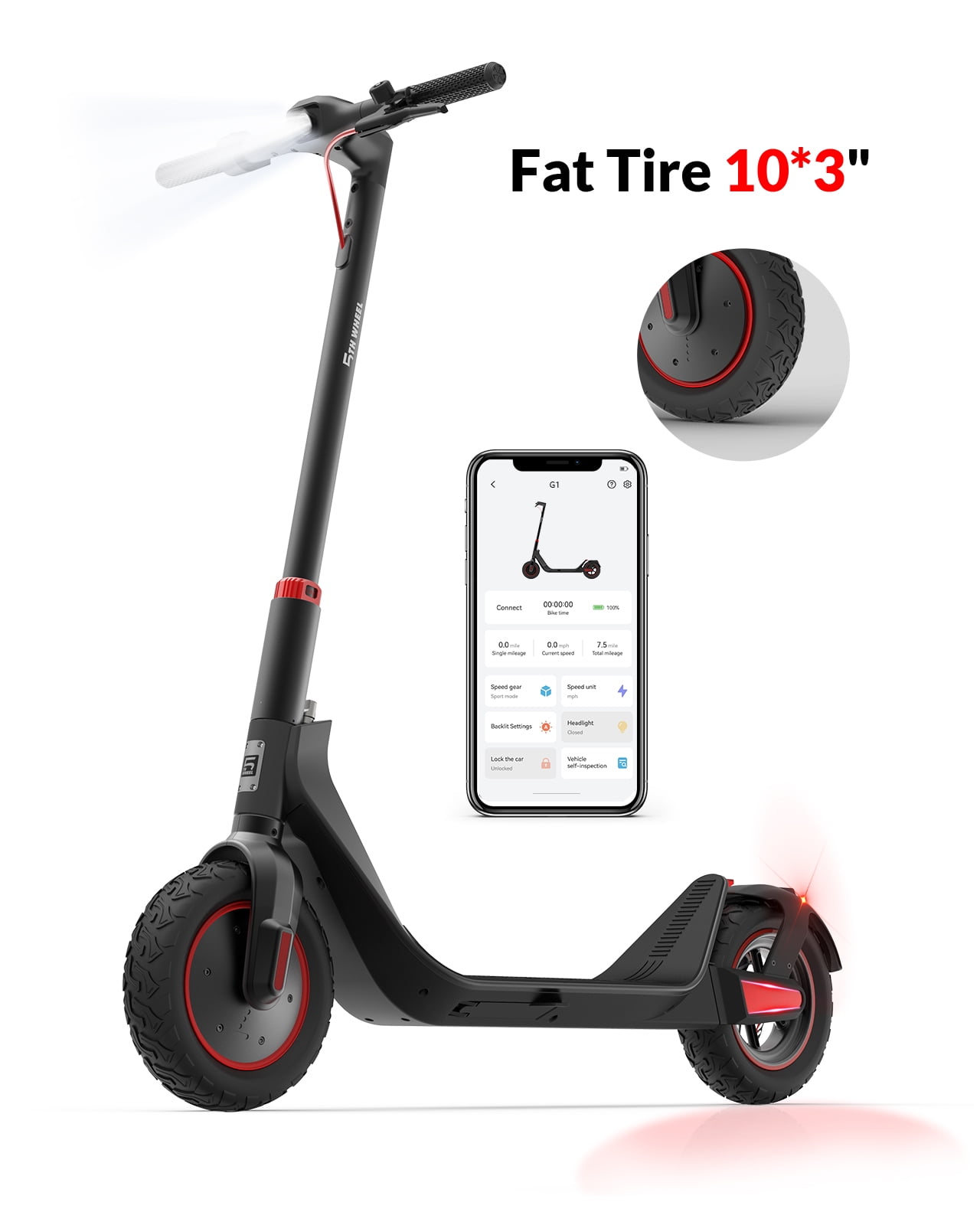 5TH WHEEL G1 Electric Scooter, 10*3 Off-road Pneumatic Tires, 400W Motor,  8.3 Wide Deck, Max 16.8 Mile and 19Mph Speed, 265 LBS Max Load, Electric
