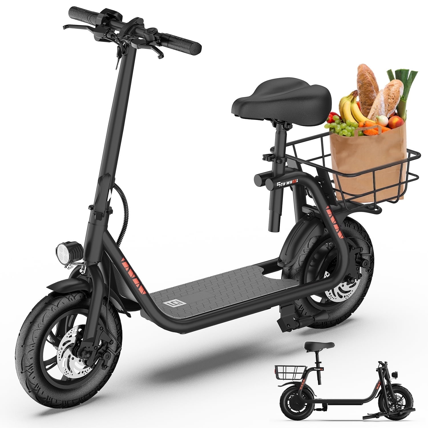 5TH WHEEL W18S 420W Motor Electric Scooter for Adults with Seat and Carry Basket, 36V 20Miles Range & 15.5Mph, 12" Foldable E Scooter for Commuting