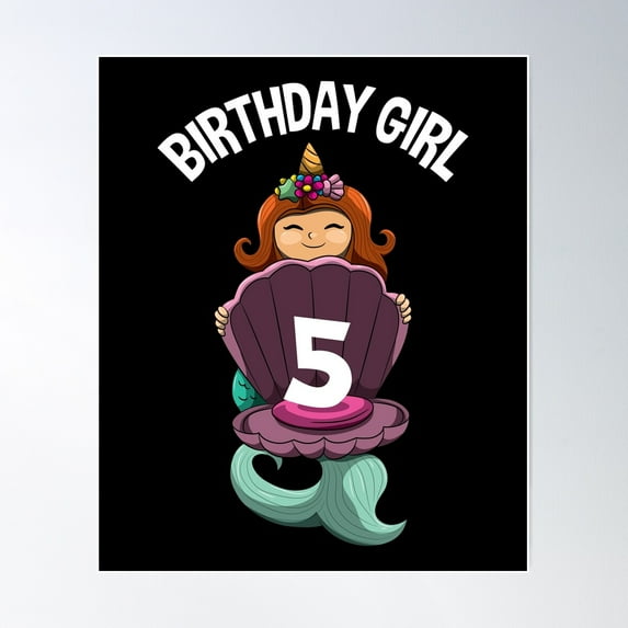 5Th Birthday Mermaid Unicorn 5 Yr Old Girl Poster Wall Art, Modern Wall Decor For Living Room Bedroom, 8x12 UNFRAMED