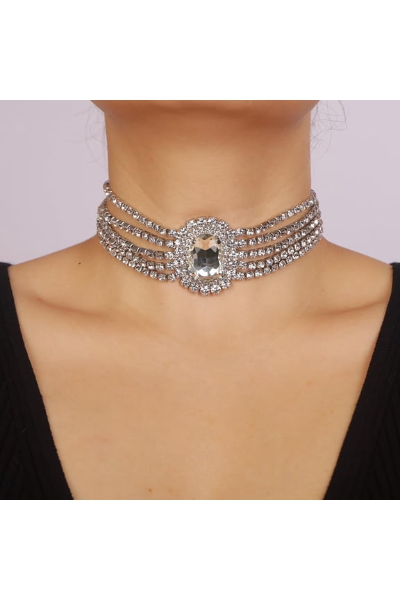 5Tier Boho Fashion Prom Shinny Rhinestones Circle Choker Necklace Dainty Layered Sexy Body Chain Choker Necklace Dainty Green Blue Silver Halloween Christmas Necklace Jewelry Gift for Women