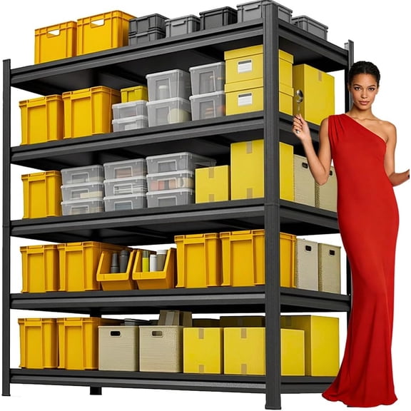 5Tier Metal Garage Shelving Unit, Heavy Duty Garage Storage Shelves, Adjustable Shelf for Warehouse, Kitchen, Basement, Double-Layer Columns Black 774016in