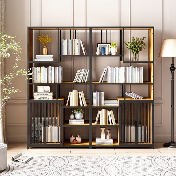 5Tier Multipurpose Bookshelf Storage Rack, Modern Storage Shelves with 2 Enclosed Storage Cabinet for Living Room, Home Office, Kitchen, Black+Natural