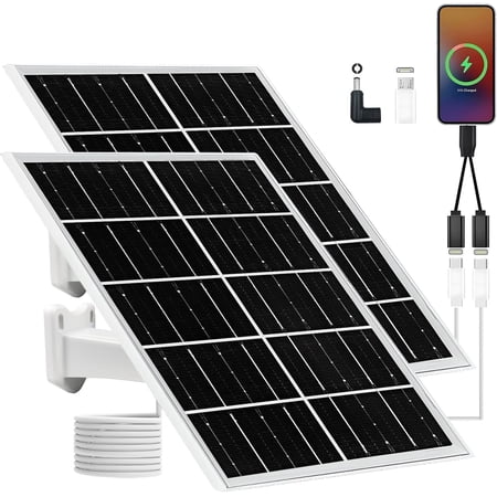 5V 16W Solar Panel 2-Pack IP65 with USB-C/ USB/DC Ports 9.8ft for Phone/Power /Outdoor Camera/Camping Light (White 8W*2pack)