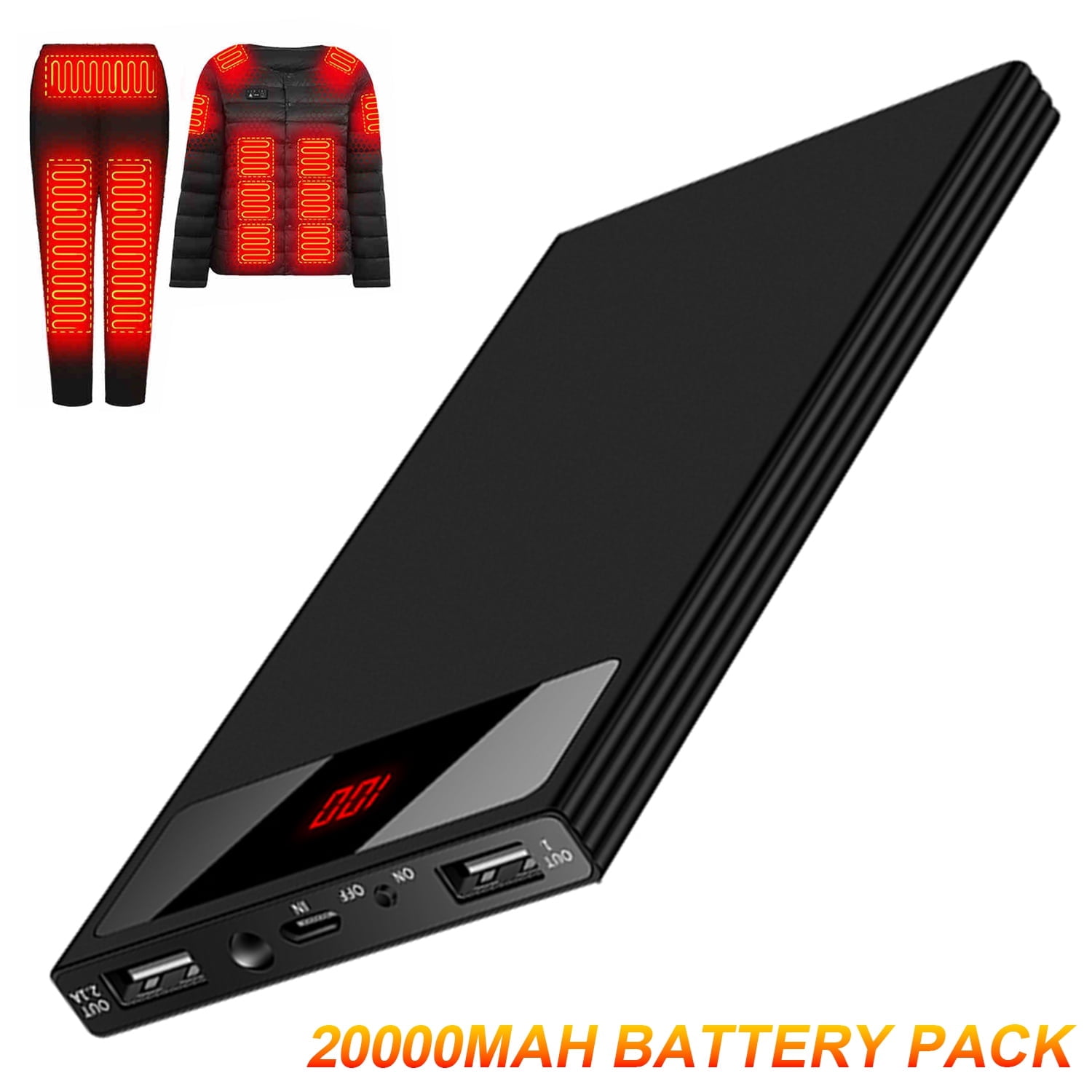 5V 2.1A Battery Pack 20000mAh Power Bank with Dual USB Port Heated Clothing Replacement Battery Pack for Heated Vest Jacket Coat Pants Black