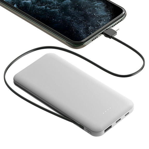 5V/2.1A Power Bank TeqHome 10000mAh Portable Phone Charger with LT & Type-C Double-ended Cable USB Cable Fit For IOSPhone Android White