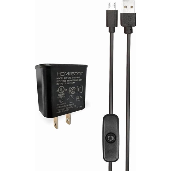 5V 2.4A Power Supply/Adapter/Charger (UL Listed) with 5ft Long Micro USB Cable with On Off Switch Button for Raspberry Pi