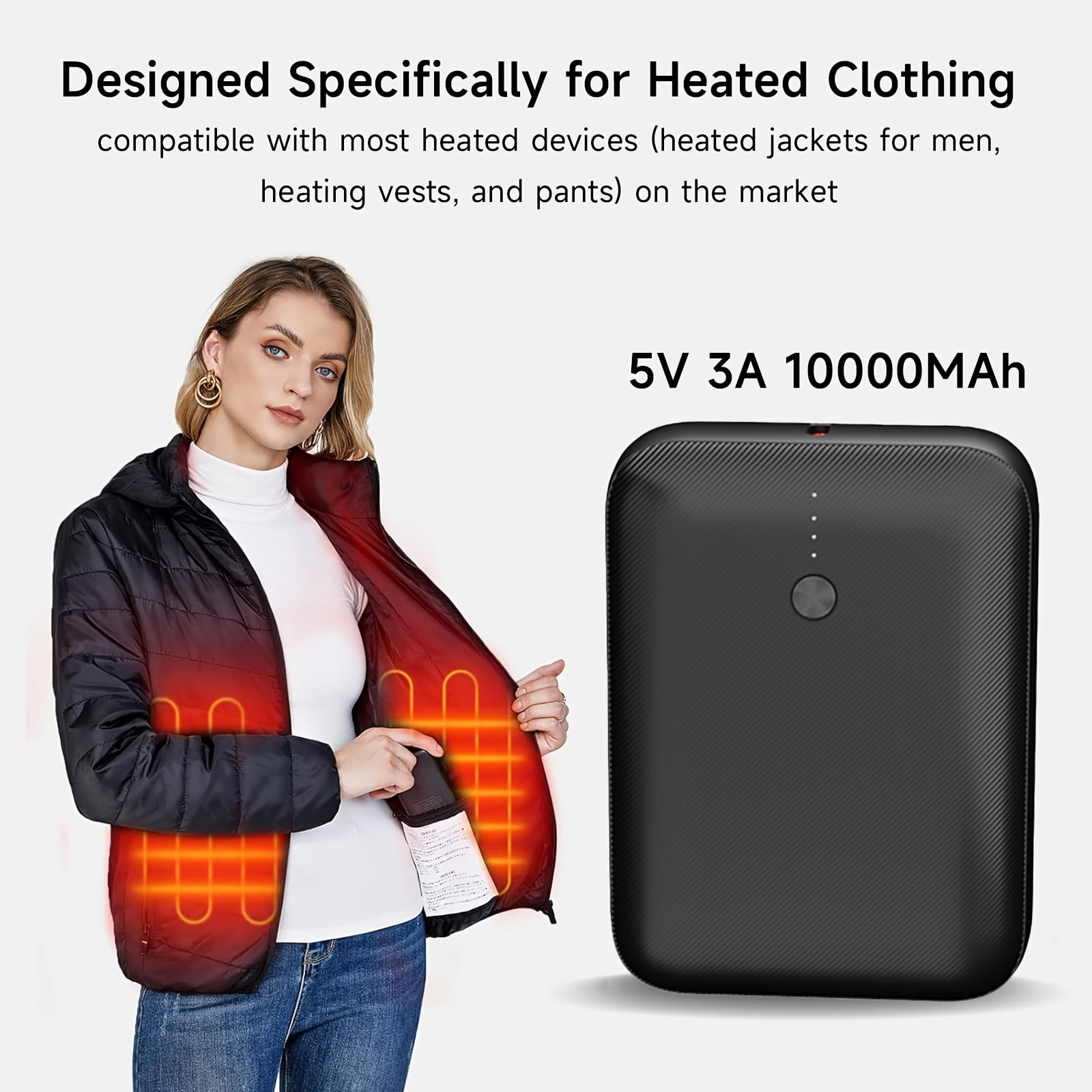 5V 3A Rechargeable Battery Pack For Heated Vest 10000mAh Battery, Power Bank Suitable For Smart Phone, Wireless Earphone, for smart Watch