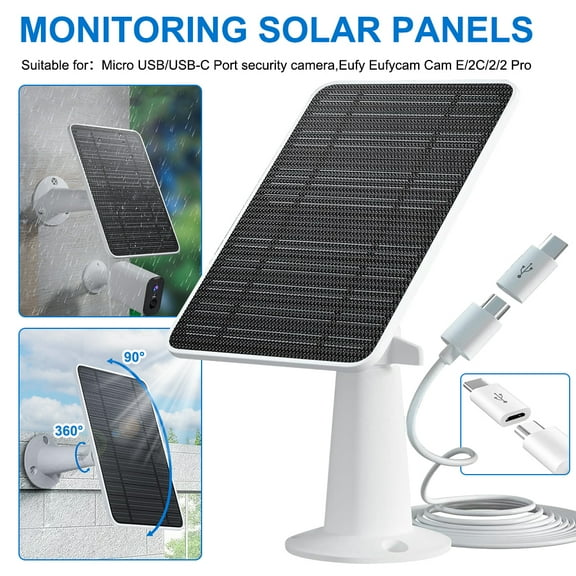 5V 4W Solar Panel, 360 Rotation Adjustable Solar Power Panel for Outdoor Camera Security Cam Compatible with Micro USB & USB-C Port, White