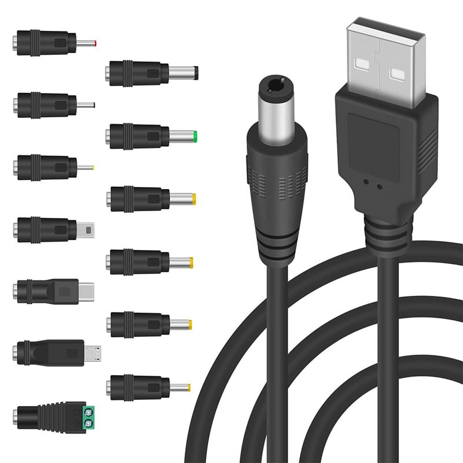 5V DC 5.5 2.1mm Jack Charging Cable Power Cord, USB to DC Power Cable with 13 Interchangeable Plugs Connectors Adapters, Black