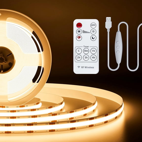 5V USB COB LED Strip Lights UL-Listed Dotless LED Lights with RF Remote,6.56ft Dimmable 3000K Warm White TV Backlight,Flexible Under Cabinet Tape Lights for Bedroom,Kitchen,Shelves Lighting