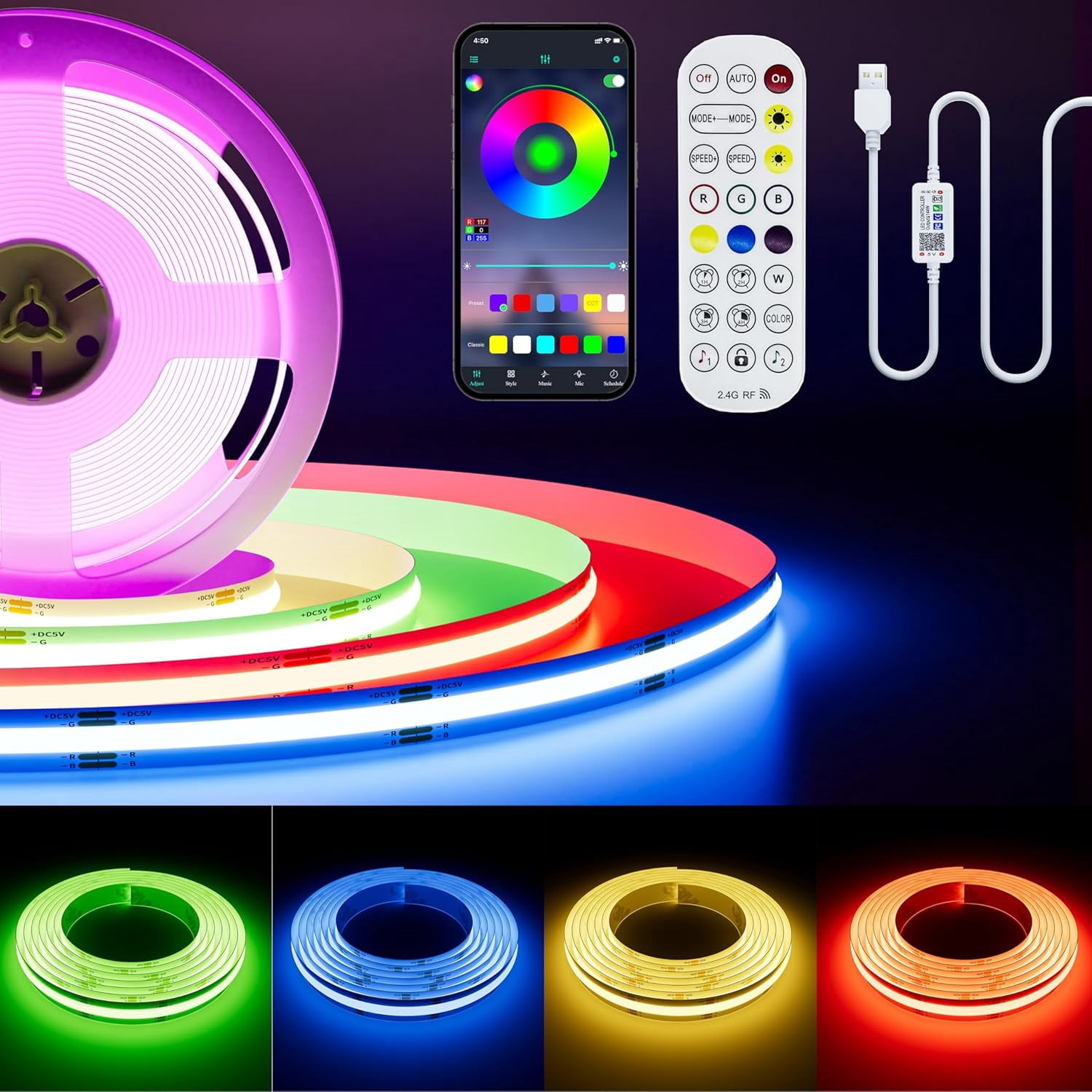 5V USB COB RGB LED Strip Light 4.92ft/1.5m Color Changing Light Strips ...
