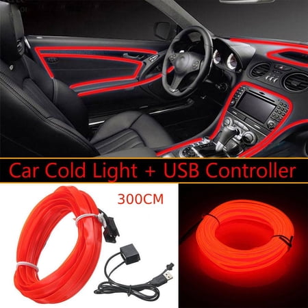 5V USB Red LED Light Glow EL Wire String Strip Car Interior Decoration, 3 Meters