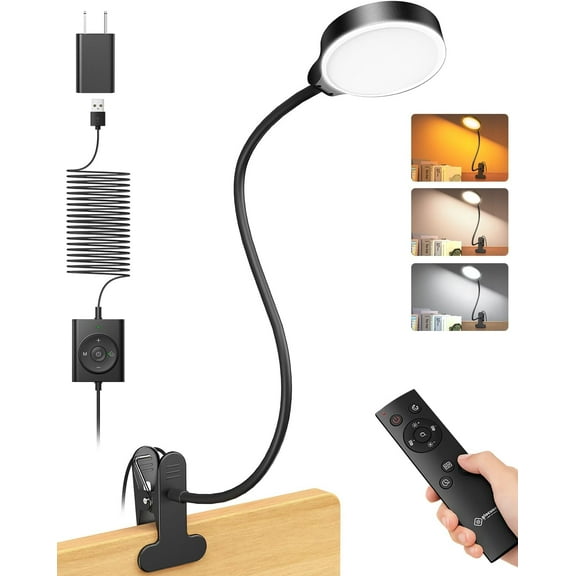 5W 36 Reading Clip Light for Bed, Eye Caring Bed Lamp, 3 Colors & 5 Brightness Levels for Headboard with , for Reading, Working & Studying (Black with Remote)