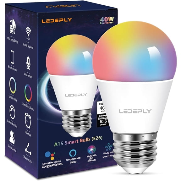 5W=40W, A15 Smart Bulb, Compatible with Alexa, Google Home, E26, Color Changing, Dimmable LED WiFi Light Bulbs, No Hub Required, 2.4GHZ WiFi Only, 400lm, 1 Pack