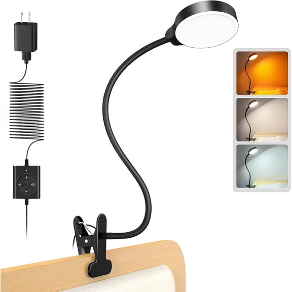 5W Clip on Light, 36 LED Eye Caring Reading Light for Bed, 3 Colors & 5 Brightness Clip on Lamp with Adapter, Perfect Desk Lamp with Clamp/Bunk Bed/Headboard/Table