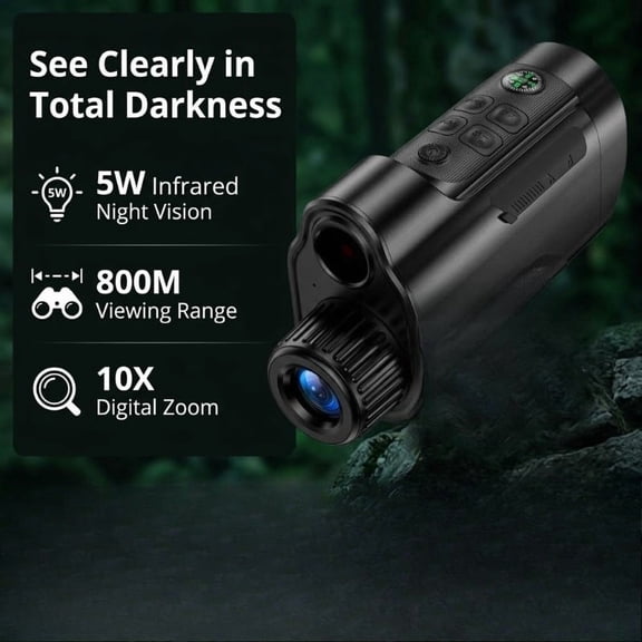 5W IR Night Vision Monocular: 800M Range, 10X Zoom, 2" HD Display, USB Rechargeable, Built-in Compass for Hunting Camping Wildlife Observation
