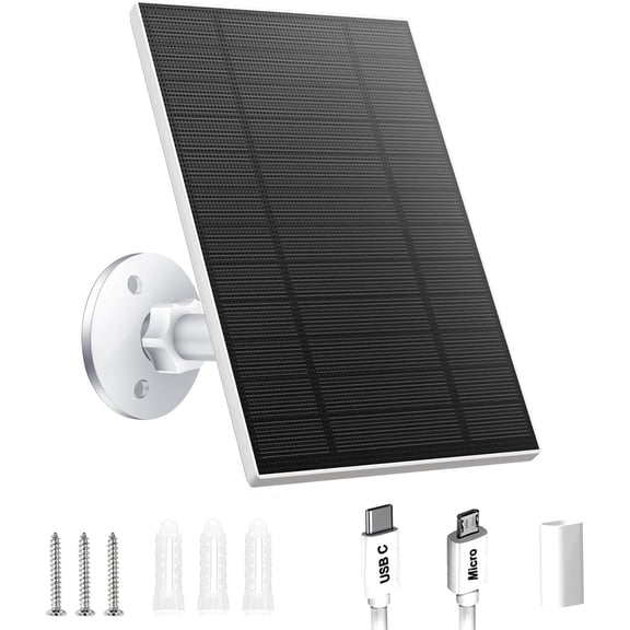 5W Solar Panel for Security Camera, Solar Panel with Micro USB & USB-C Port for DC 5V Outdoor Rechargeable Battery Camera, IP65 Waterproof, 360 Adjustable Security Mount, 9.8ft Cable(White 1PC)