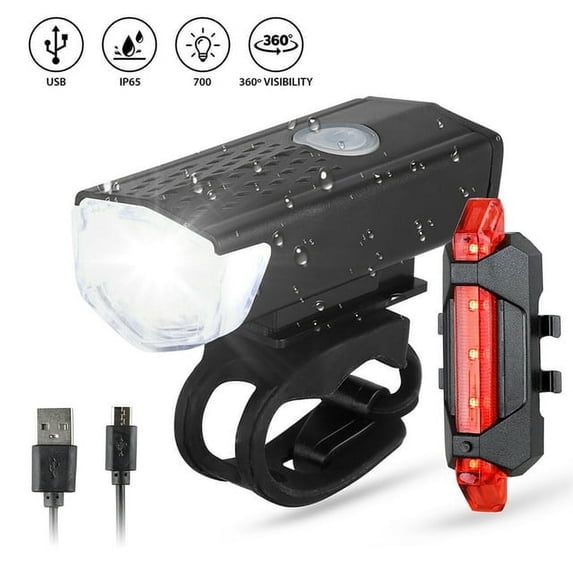 USB Rechargeable LED Waterproof Bicycle Headlight & Tail Light Set,Cycling Headlight with 3 Modes and Adjustable Bracket